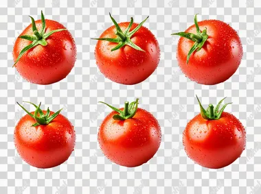 Hyper-realistic four side view fresh, ripe tomatoes with attached green stems, arranged neatly at the center of a pure white background (#FFFFFF). Each tomato is plump, vibrant red, and has a smooth, glossy surface with tiny water droplets, emphasizing freshness. The green stems are fresh and slightly curled, adding a natural contrast to the rich red color. Shot with an aperture of f/5, ensuring a balanced depth of field where all tomatoes remain in sharp focus while keeping a soft, natural look. Soft, even lighting from multiple angles eliminates all shadows, enhancing the fine details of the tomatoes' texture and sheen. Captured in 8k resolution using focus stacking for maximum clarity, making the tomatoes look juicy, fresh, and professionally styled