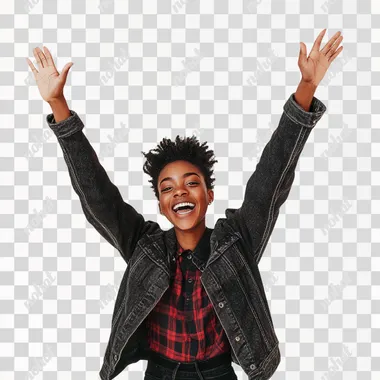 editorial photograph of black gen z nonbinary influencer excitedly throwing their hands up in the air. white background