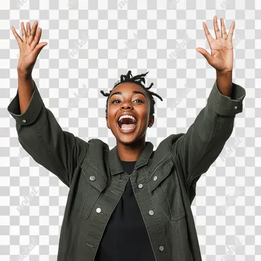 editorial photograph of black gen z nonbinary influencer excitedly throwing their hands up in the air. white background