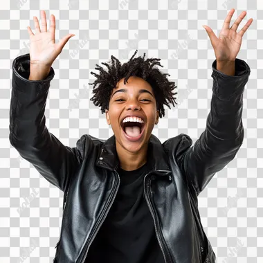 editorial photograph of black gen z nonbinary influencer excitedly throwing their hands up in the air. white background