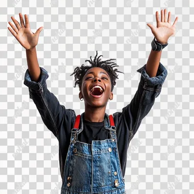 editorial photograph of black gen z nonbinary influencer excitedly throwing their hands up in the air. white background