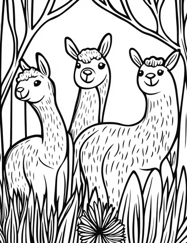 black and white kids coloring page featuring llamas, easy to color ,cartoon style, thick lines, no shading, no detail