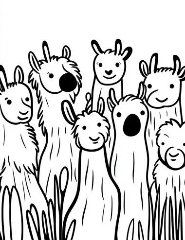 black and white kids coloring page featuring llamas, easy to color ,cartoon style, thick lines, no shading, no detail