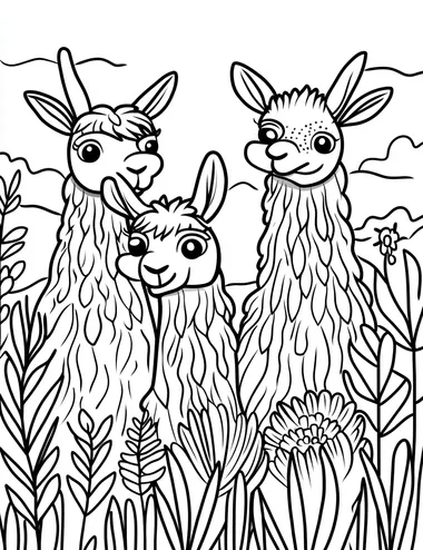 black and white kids coloring page featuring llamas, easy to color ,cartoon style, thick lines, no shading, no detail