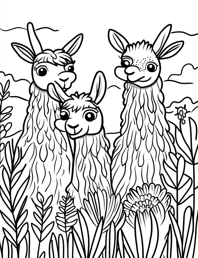 Llamas in a Flower Field Coloring Page for Kids - Easy Cartoon Style