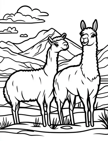 black and white kids coloring page featuring llamas, easy to color ,cartoon style, thick lines, no shading, no detail
