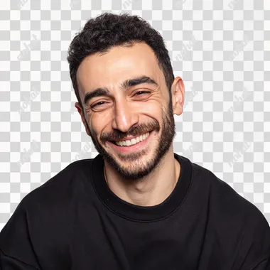 Photorealistic close-up portrait of a 27-year-old handsome Turkish man, with thick eyebrows, small close-set round eyes, smiling brightly with white teeth, looking at the camera, no sunglasses, wearing a plain black sweatshirt, white background