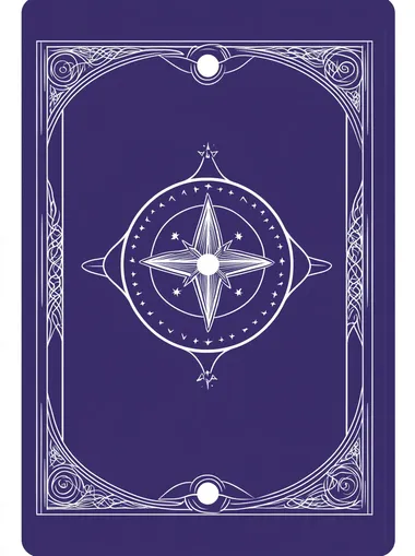 A purple card back with an icon of a star symbol in a white outline, surrounded by four symmetrical circles on each side, representing divination and fortune-telling. The background is a plain blue, creating a contrast between light and dark areas. It has a simple design with no text or imagery outside these elements, giving it a clean appearance suitable for tarot cards or magic-themed games.