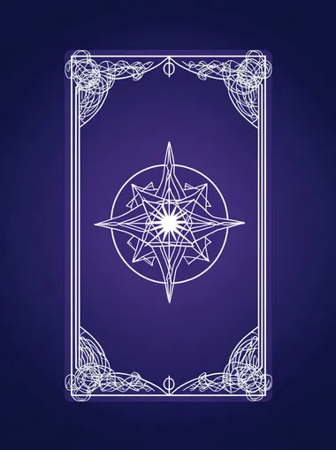 A purple card back with an icon of a star symbol in a white outline, surrounded by four symmetrical circles on each side, representing divination and fortune-telling. The background is a plain blue, creating a contrast between light and dark areas. It has a simple design with no text or imagery outside these elements, giving it a clean appearance suitable for tarot cards or magic-themed games.