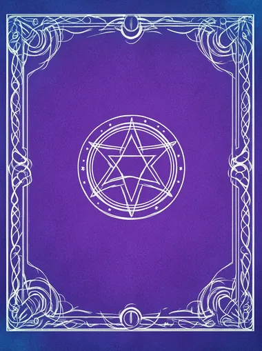 A purple card back with an icon of a star symbol in a white outline, surrounded by four symmetrical circles on each side, representing divination and fortune-telling. The background is a plain blue, creating a contrast between light and dark areas. It has a simple design with no text or imagery outside these elements, giving it a clean appearance suitable for tarot cards or magic-themed games.