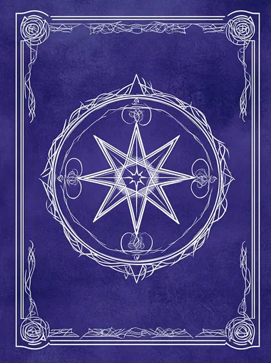 A purple card back with an icon of a star symbol in a white outline, surrounded by four symmetrical circles on each side, representing divination and fortune-telling. The background is a plain blue, creating a contrast between light and dark areas. It has a simple design with no text or imagery outside these elements, giving it a clean appearance suitable for tarot cards or magic-themed games.