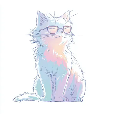 a gentle cat with glasses sitting, Japanese anime style, clean bold outlines, soft simplified hair silhouette, pastel colors, subtle shading, white background,