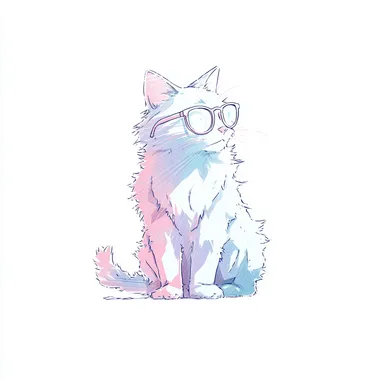 a gentle cat with glasses sitting, Japanese anime style, clean bold outlines, soft simplified hair silhouette, pastel colors, subtle shading, white background,