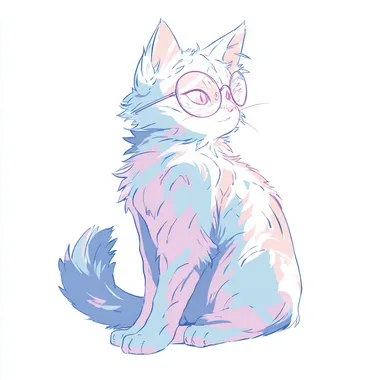 a gentle cat with glasses sitting, Japanese anime style, clean bold outlines, soft simplified hair silhouette, pastel colors, subtle shading, white background,