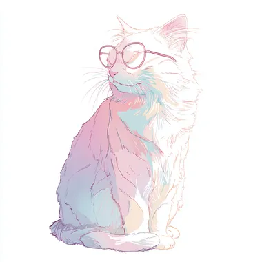 a gentle cat with glasses sitting, Japanese anime style, clean bold outlines, soft simplified hair silhouette, pastel colors, subtle shading, white background,
