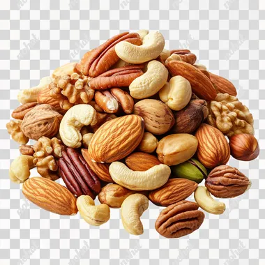 Realistic photo of half-handful pile on white background of Roasted and salty: cashews, pecans, almonds, macadamia nuts, hazelnuts, pistachios in their shells
