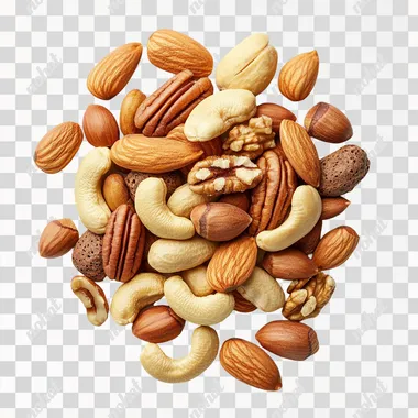 Realistic photo of half-handful pile on white background of Roasted and salty: cashews, pecans, almonds, macadamia nuts, hazelnuts, pistachios in their shells