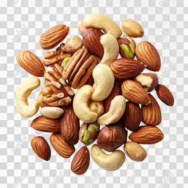 Realistic photo of half-handful pile on white background of Roasted and salty: cashews, pecans, almonds, macadamia nuts, hazelnuts, pistachios in their shells