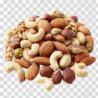 Realistic photo of half-handful pile on white background of Roasted and salty: cashews, pecans, almonds, macadamia nuts, hazelnuts, pistachios in their shells
