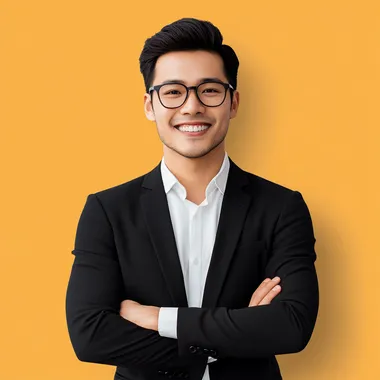 Product Director from China, male, smiling, modern high-definition photo, light solid color background