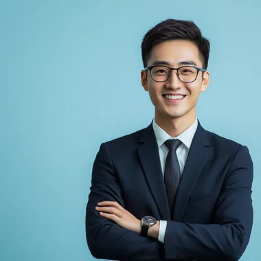 Product Director from China, male, smiling, modern high-definition photo, light solid color background