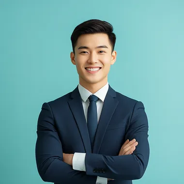Product Director from China, male, smiling, modern high-definition photo, light solid color background