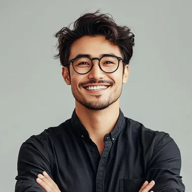 Product Director from China, male, smiling, modern high-definition photo, light solid color background