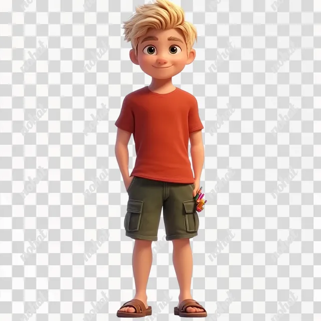 PNG Boy in Red Shirt and Green Shorts, Cartoon Style, Artistic Youthful Essence