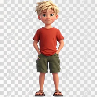 Cartoon Style, Full view, Full body, Front view, solo, a boy, artist, youthful essence, slim build, gentle skin, blonde spiky hair, straight eyebrows, artistic eyes, pointed nose, mischievous grin, small ears, oval face, smile, crimson t-shirt, green cargo shorts, brown sandals, crayon set, Standing, Pure white background  495247150