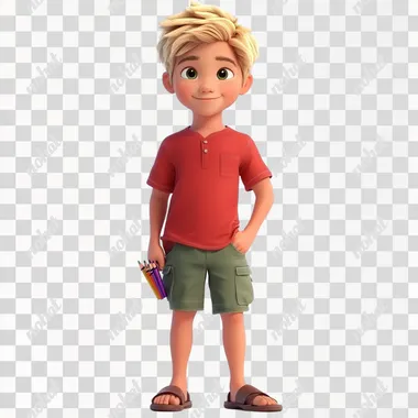 Cartoon Style, Full view, Full body, Front view, solo, a boy, artist, youthful essence, slim build, gentle skin, blonde spiky hair, straight eyebrows, artistic eyes, pointed nose, mischievous grin, small ears, oval face, smile, crimson t-shirt, green cargo shorts, brown sandals, crayon set, Standing, Pure white background  495247150