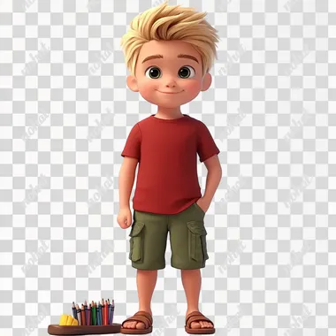Cartoon Style, Full view, Full body, Front view, solo, a boy, artist, youthful essence, slim build, gentle skin, blonde spiky hair, straight eyebrows, artistic eyes, pointed nose, mischievous grin, small ears, oval face, smile, crimson t-shirt, green cargo shorts, brown sandals, crayon set, Standing, Pure white background  495247150