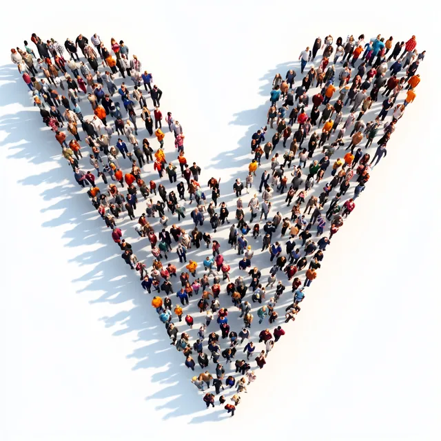Large group of people forming a V shape in an outdoor setting