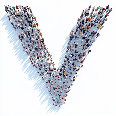 Large group of people in letter V form