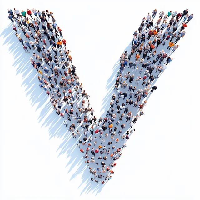 Large group of people forming a V shape in an urban setting