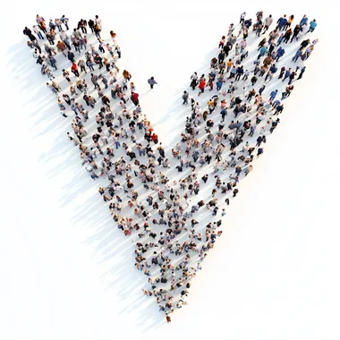 Large group of people in letter V form