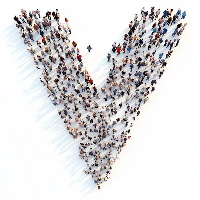Large group of people forming a V shape in a city park setting