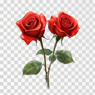 front view of two red roses on a flat surface, surface is white, background is white, children's picture book illustration, no shadows, white background, make the size of the roses smaller when compared to background