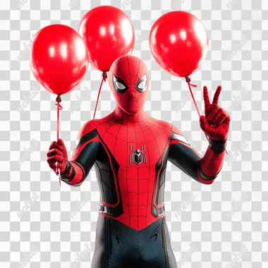 Spider-Man holding a 4 red balloons in his right hand, white background 8k v 4