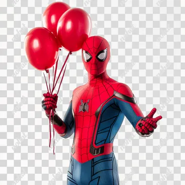 Spider-Man holding a 4 red balloons in his right hand, white background 8k v 4