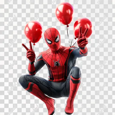 Spider-Man holding a 4 red balloons in his right hand, white background 8k v 4