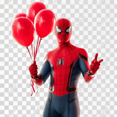 Spider-Man holding a 4 red balloons in his right hand, white background 8k v 4