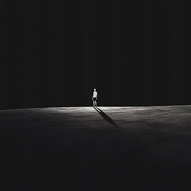 A minimalist scene with an intense, dark background, almost entirely black or in very dark shades. A solitary white figure stands on a flat, shadowy plain, casting a long shadow from a low light source behind them. The contrast between the bright figure and the dark environment creates a surreal and striking effect. The atmosphere is calm, contemplative, and emphasizes simplicity and strong contrasts."