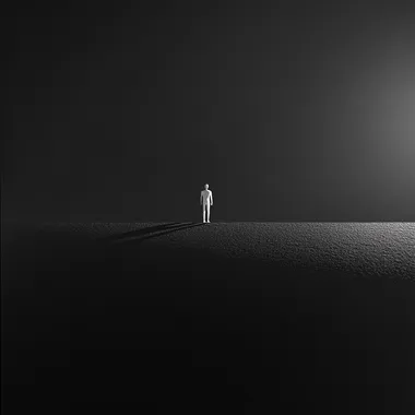 A minimalist scene with an intense, dark background, almost entirely black or in very dark shades. A solitary white figure stands on a flat, shadowy plain, casting a long shadow from a low light source behind them. The contrast between the bright figure and the dark environment creates a surreal and striking effect. The atmosphere is calm, contemplative, and emphasizes simplicity and strong contrasts."