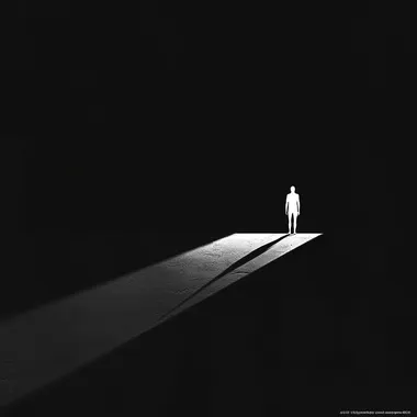 A minimalist scene with an intense, dark background, almost entirely black or in very dark shades. A solitary white figure stands on a flat, shadowy plain, casting a long shadow from a low light source behind them. The contrast between the bright figure and the dark environment creates a surreal and striking effect. The atmosphere is calm, contemplative, and emphasizes simplicity and strong contrasts."