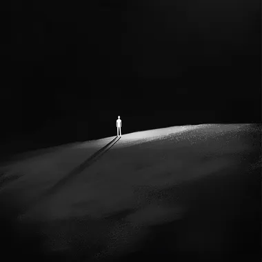 A minimalist scene with an intense, dark background, almost entirely black or in very dark shades. A solitary white figure stands on a flat, shadowy plain, casting a long shadow from a low light source behind them. The contrast between the bright figure and the dark environment creates a surreal and striking effect. The atmosphere is calm, contemplative, and emphasizes simplicity and strong contrasts."