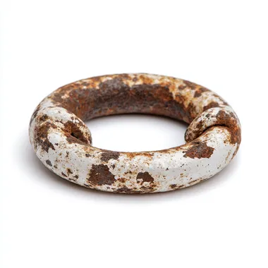 Pure white background, an oval iron ring with severe rust