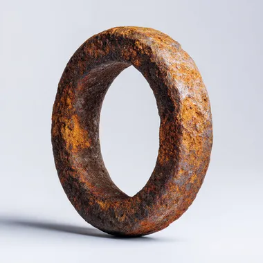 Pure white background, an oval iron ring with severe rust