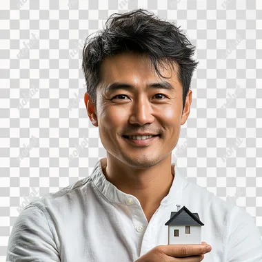 Real person, professional portrait lighting, white background, 30 years old, Chinese, male, smiling, wearing a white shirt with buttons, holding a house on his right hand, front, professional portrait lighting, non studio photography, professional photography, very detailed, ultra-high definition, maximum detail, sharpening, clear detail, amazing quality, picture brightening, very detailed HDR, clean color, high quality, high detail --s 250