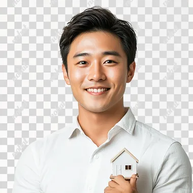Real person, professional portrait lighting, white background, 30 years old, Chinese, male, smiling, wearing a white shirt with buttons, holding a house on his right hand, front, professional portrait lighting, non studio photography, professional photography, very detailed, ultra-high definition, maximum detail, sharpening, clear detail, amazing quality, picture brightening, very detailed HDR, clean color, high quality, high detail --s 250