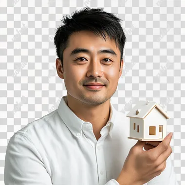 Real person, professional portrait lighting, white background, 30 years old, Chinese, male, smiling, wearing a white shirt with buttons, holding a house on his right hand, front, professional portrait lighting, non studio photography, professional photography, very detailed, ultra-high definition, maximum detail, sharpening, clear detail, amazing quality, picture brightening, very detailed HDR, clean color, high quality, high detail --s 250